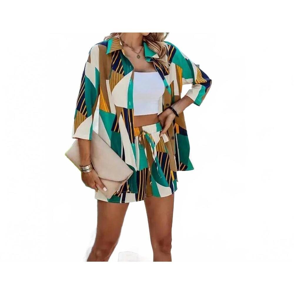 NEW SUPREME FASHION graphic print open front pockets blouse & short in multi col